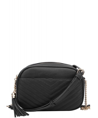 Fashion V Pattern Stitch Tassel Crossbody Bag WU121 BLACK